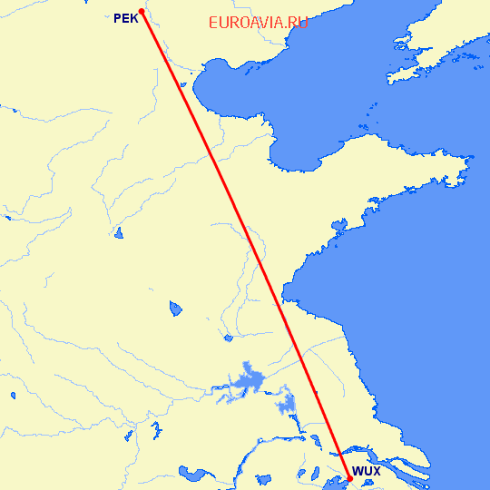 перелет Пекин — Вуси на карте