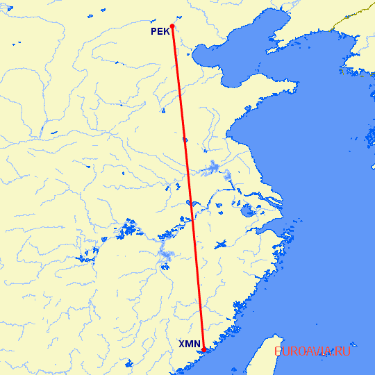 перелет Пекин — Сямэнь на карте