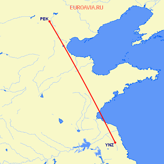 перелет Пекин — Яньчэн на карте