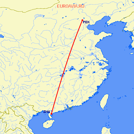 перелет Пекин — Чжаньчзян на карте