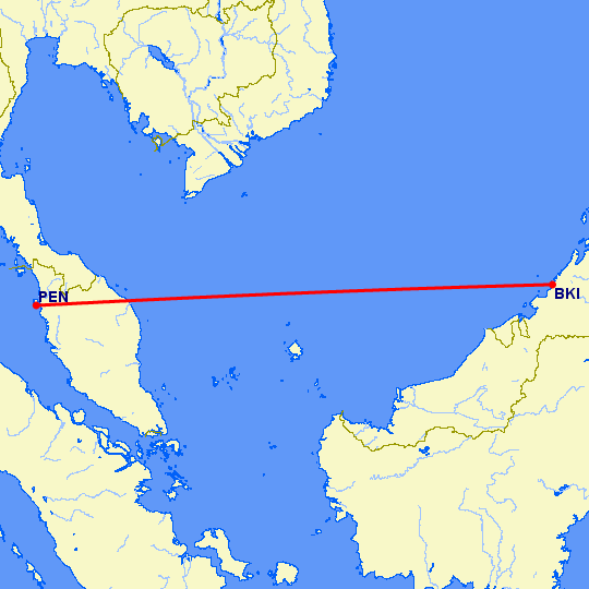 перелет Пенанг — Kota-Kinabalu на карте