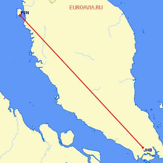 перелет Пенанг — Джохор Бару на карте