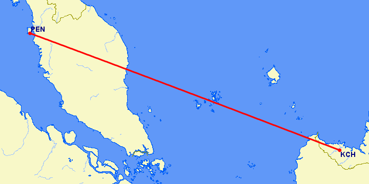 перелет Пенанг — Кучинг на карте