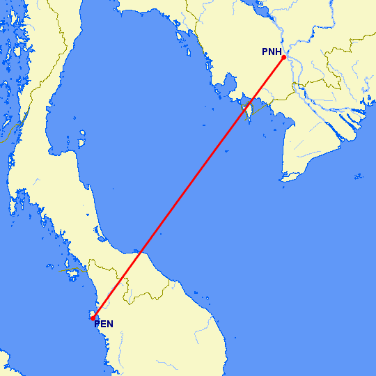 перелет Пенанг — Пномпен на карте