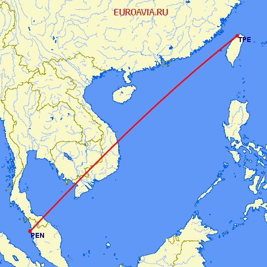 перелет Пенанг — Тайбэй на карте