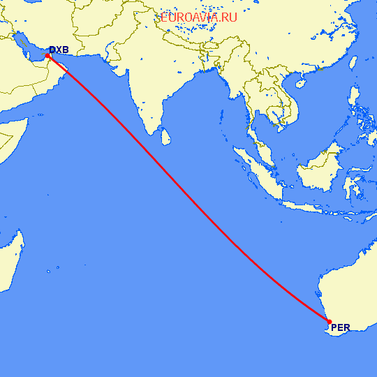 перелет Перт — Дубай на карте