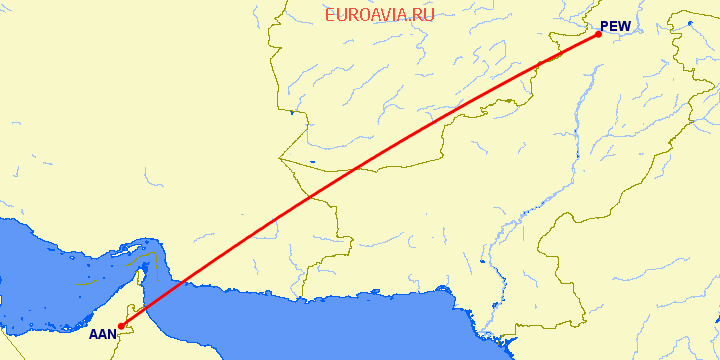 перелет Пешавар — Аль Айн на карте