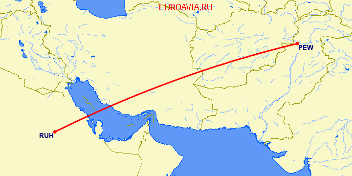 перелет Пешавар — Эр Рияд на карте