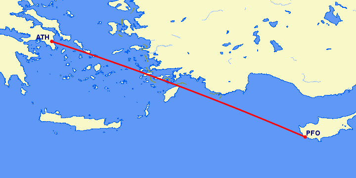 перелет Пафос — Афины на карте