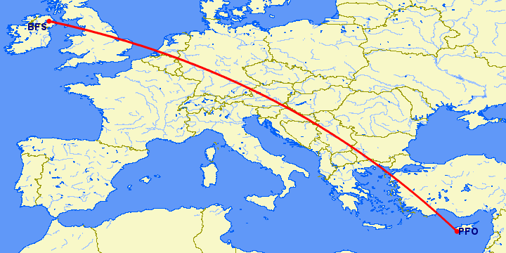 перелет Пафос — Белфаст на карте