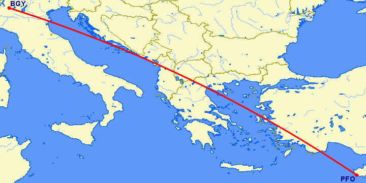 перелет Пафос — Бергамо на карте