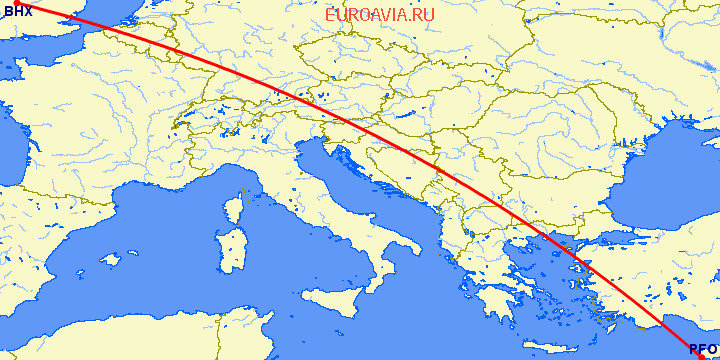 перелет Пафос — Бирмингем на карте