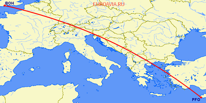 перелет Пафос — Борнмут на карте