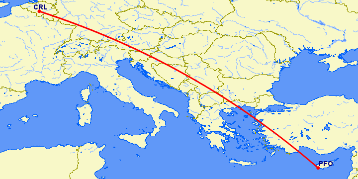 перелет Пафос — Шарлеруа на карте