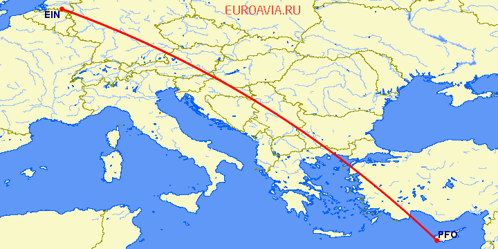 перелет Пафос — Эйндховен на карте