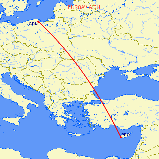 перелет Пафос — Гданьск на карте