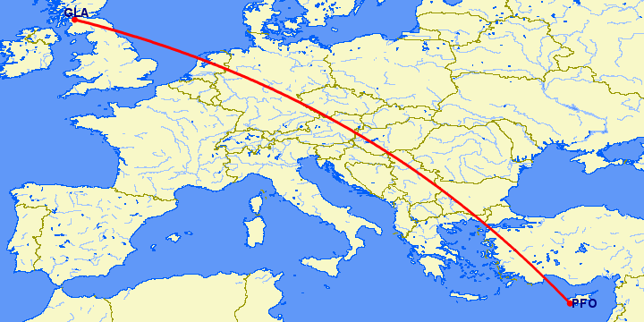перелет Пафос — Глазго на карте