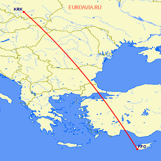 перелет Пафос — Краков на карте