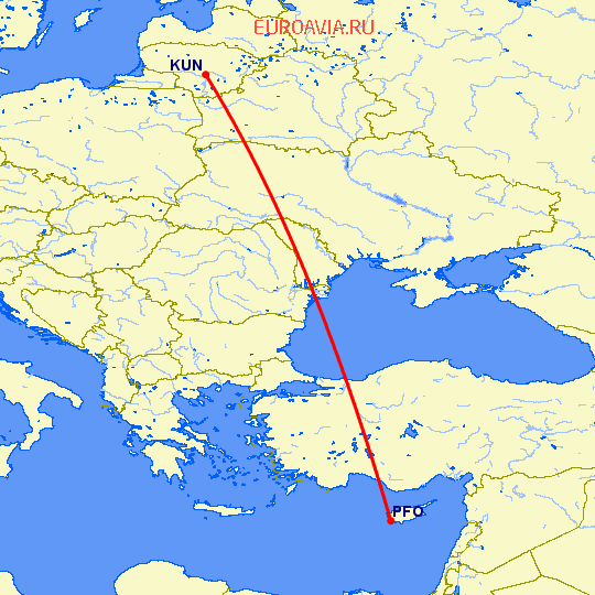 перелет Пафос — Каунас на карте