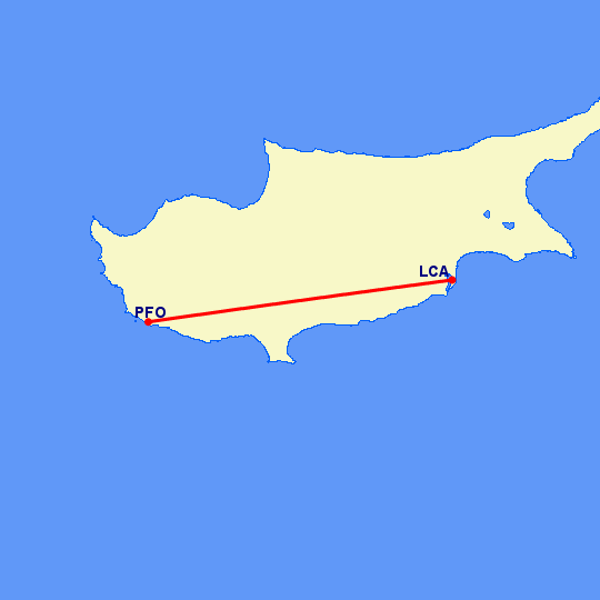 перелет Пафос — Ларнака на карте