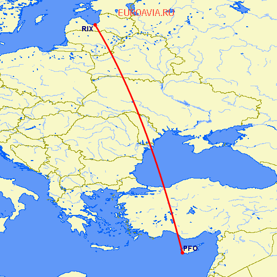 перелет Пафос — Рига на карте
