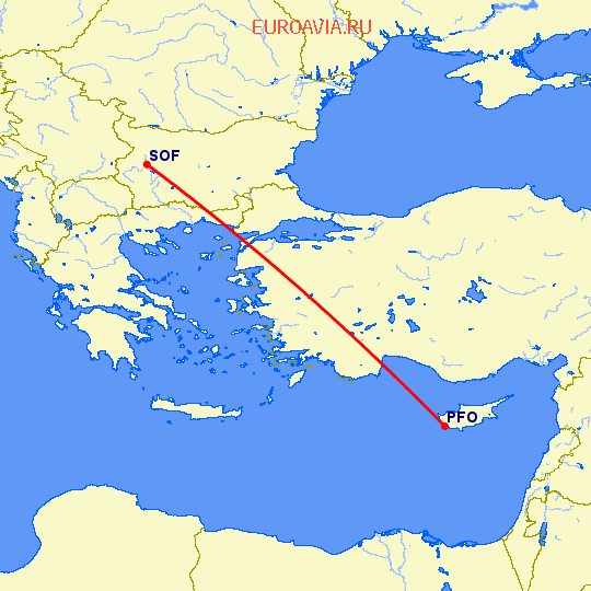 перелет Пафос — София на карте