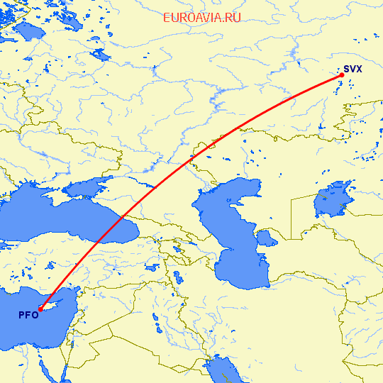 перелет Пафос — Екатеринбург на карте
