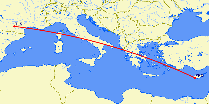 перелет Пафос — Тулуза на карте