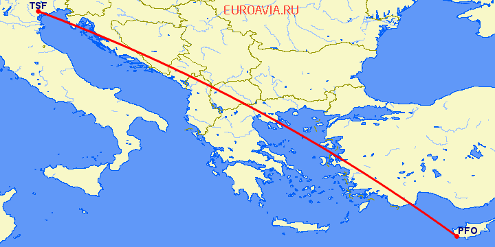 перелет Пафос — Тревисо на карте