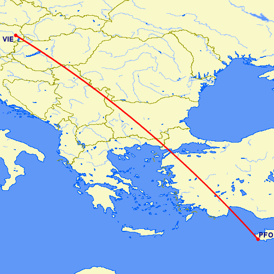 перелет Пафос — Вена на карте