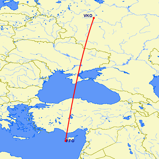 перелет Пафос — Москва на карте