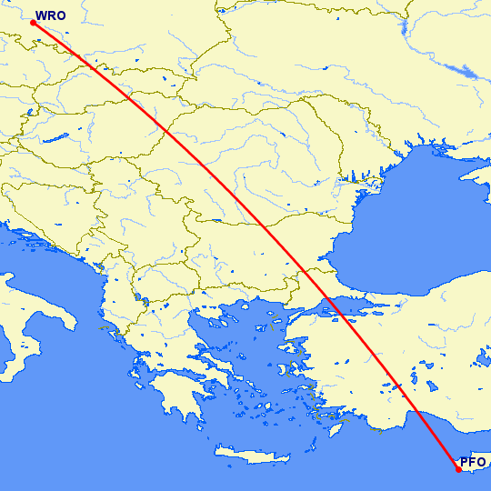 перелет Пафос — Вроцлав на карте