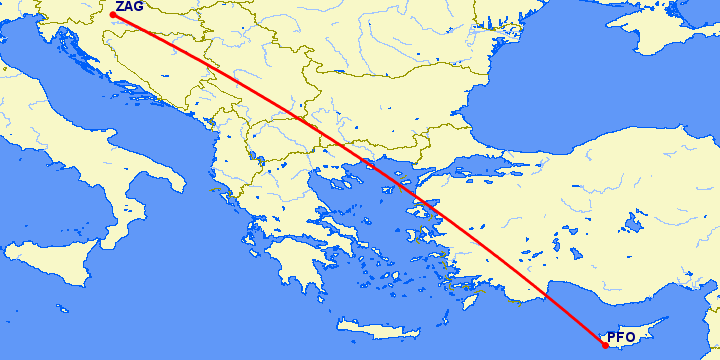 перелет Пафос — Загреб на карте