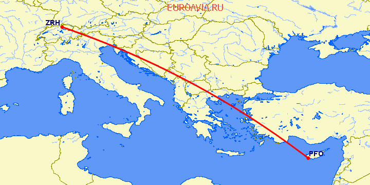 перелет Пафос — Цюрих на карте