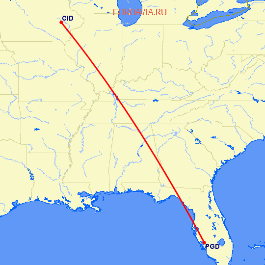 перелет Пунта Горда — Сидар Рапидс на карте