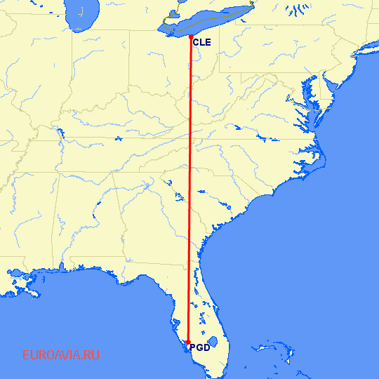 перелет Пунта Горда — Кливленд на карте