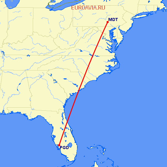 перелет Пунта Горда — Харрисбург на карте