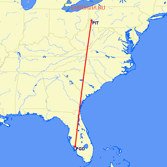 перелет Пунта Горда — Питтсбург на карте