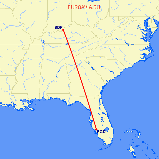 перелет Пунта Горда — Луисвилл на карте