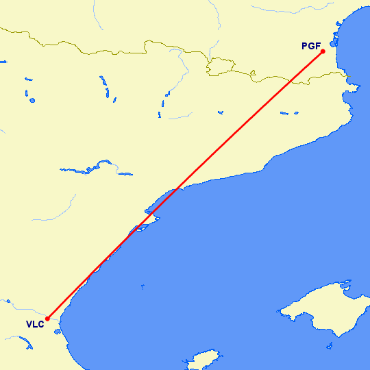 перелет Перпиньян — Валенсия на карте