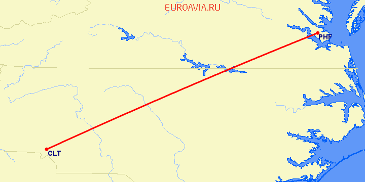перелет Ньюпорт Ньюс — Шарлотт на карте