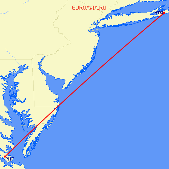 перелет Ньюпорт Ньюс — East Hampton на карте