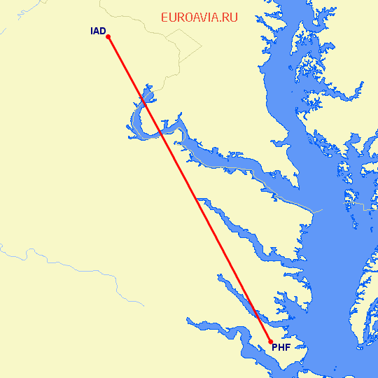 перелет Ньюпорт Ньюс — Вашингтон на карте