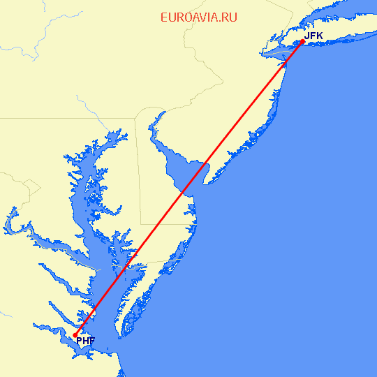 перелет Ньюпорт Ньюс — Нью Йорк на карте