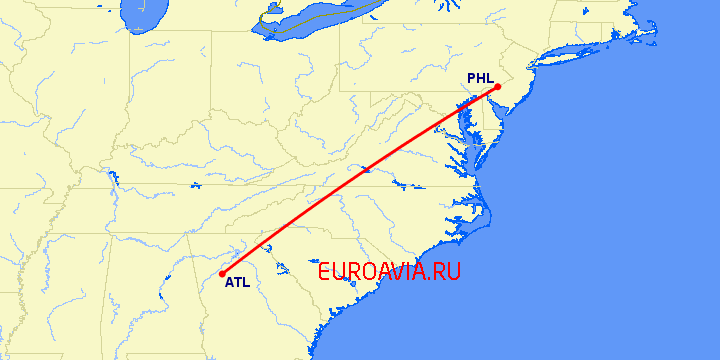 перелет Филадельфия — Атланта на карте
