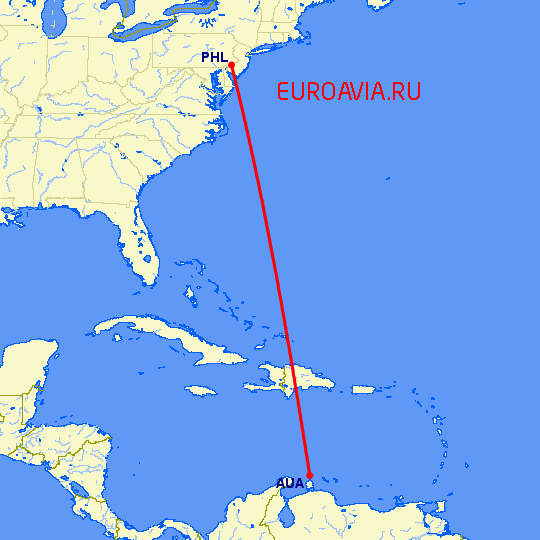 перелет Филадельфия — Aruba на карте