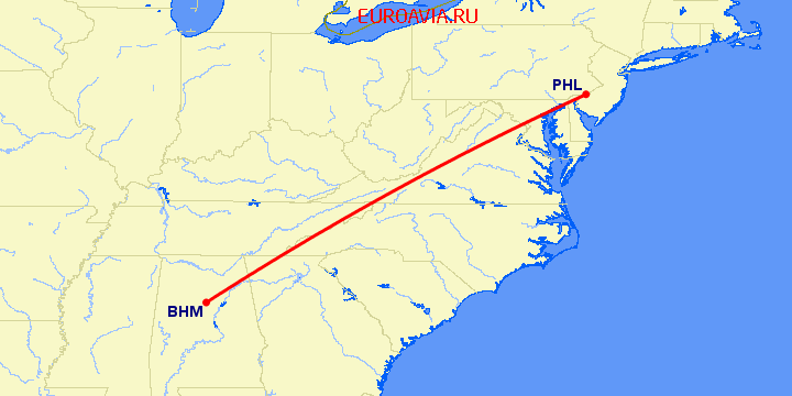 перелет Филадельфия — Бирмингем на карте