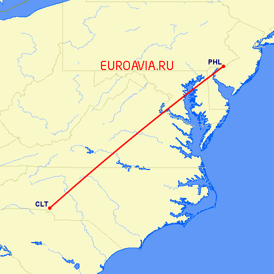 перелет Филадельфия — Шарлотт на карте
