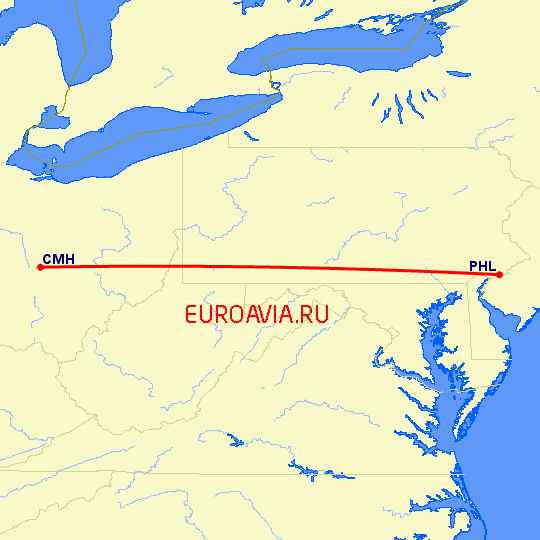 перелет Филадельфия — Колумбус на карте