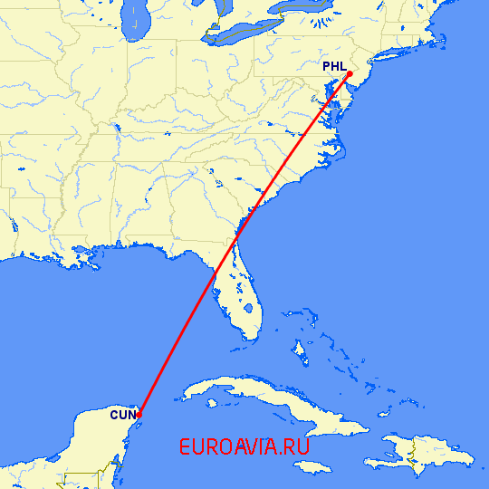 перелет Филадельфия — Канкун на карте